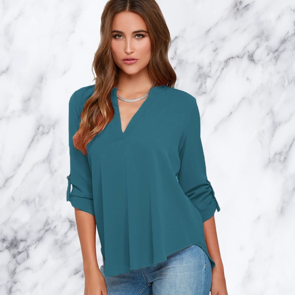 Dark Teal 3/4 Sleeve V-Neck Chiffon Blouse